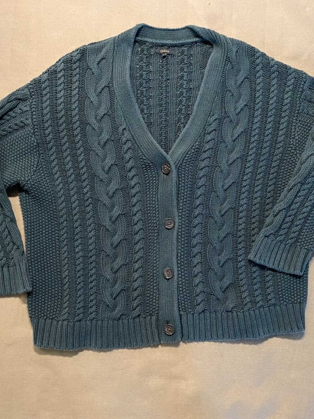 Quince Women's Cable-Knit Cardigan Size L Brown Oversized Organic Cotton Grunge